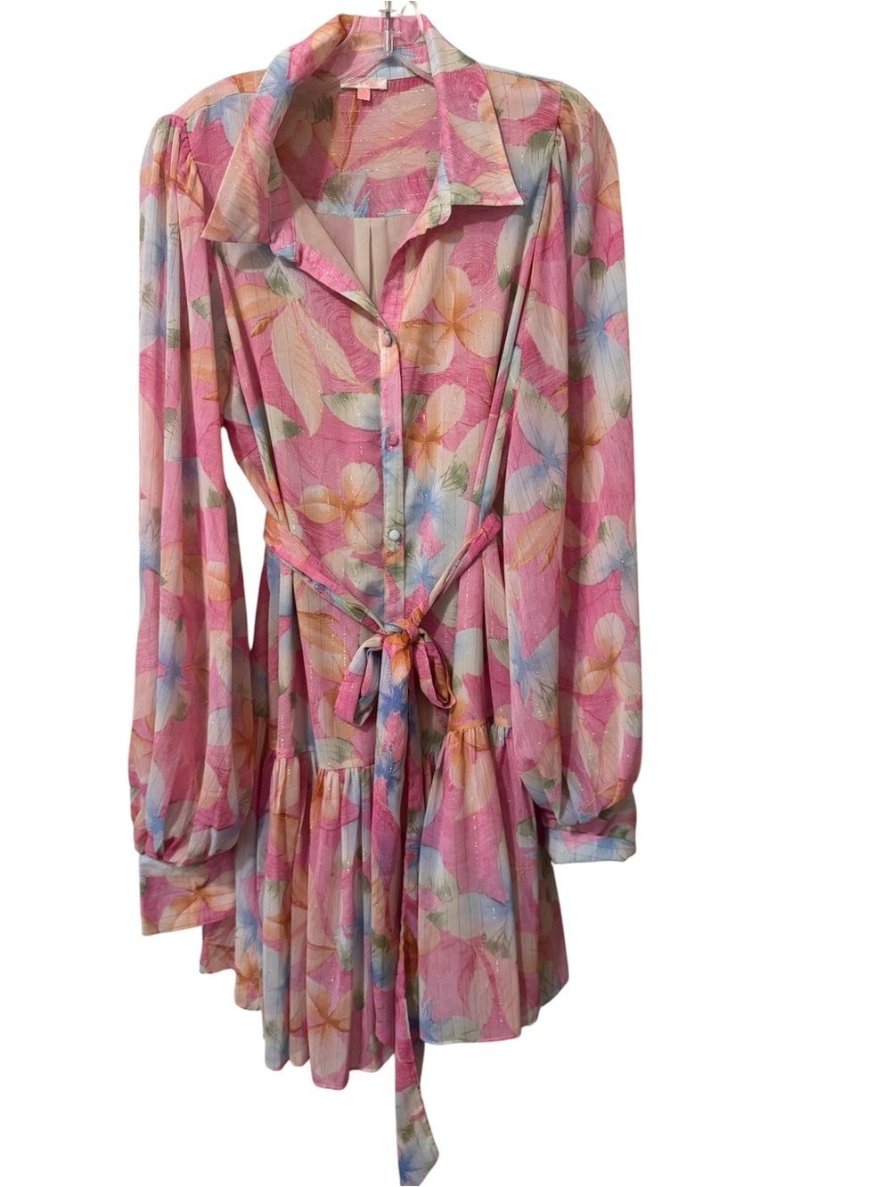 NWOT Luxxel Pink Multi-Color Floral Tie-Waist Mini Dress - Picture 3 of 9